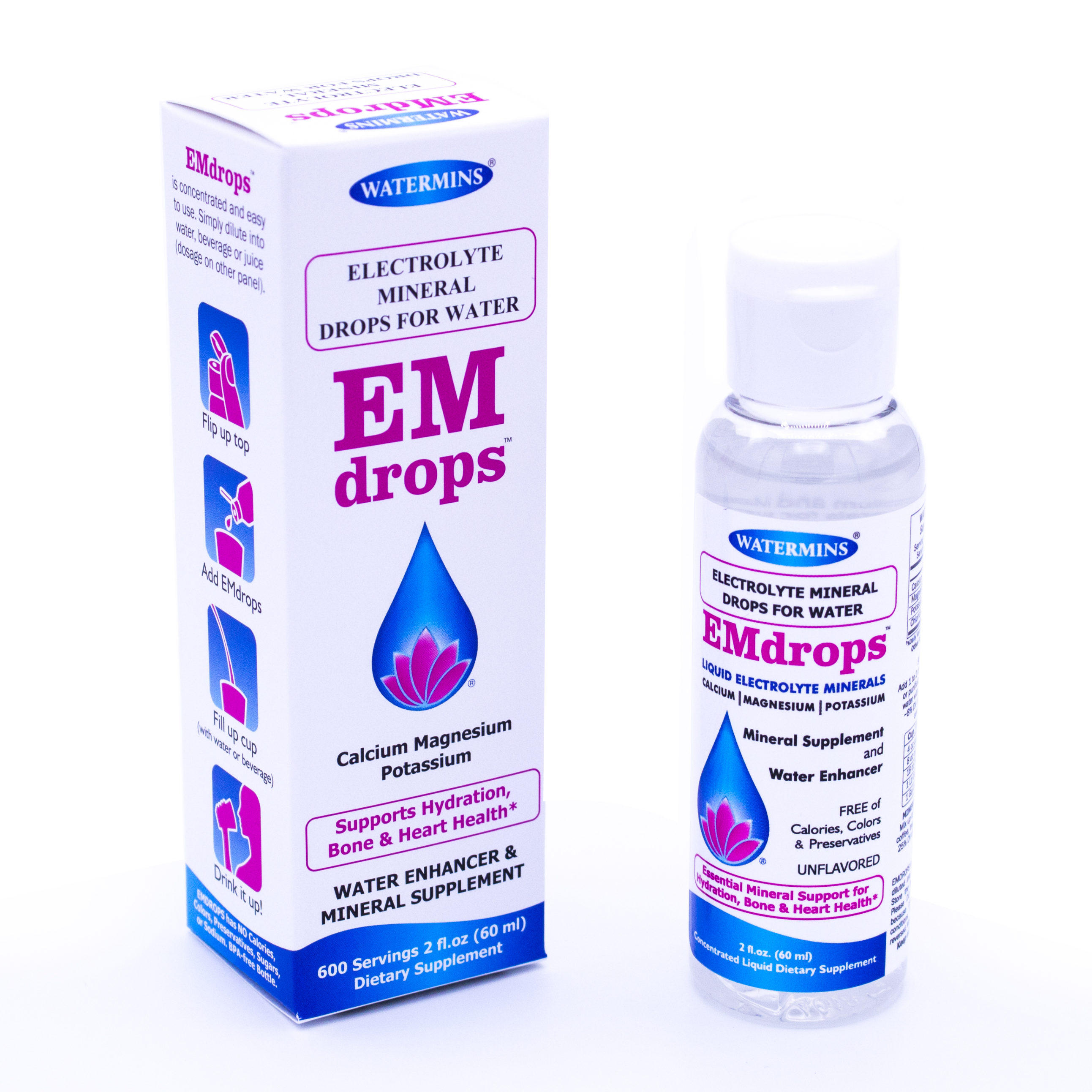 EMDROPS by Watermins - Electrolyte Mineral Drops - Product Image - Bottle and Carton Front View